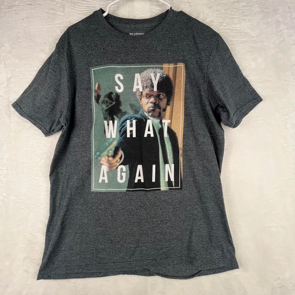 Pulp Fiction T Shirt L Say What‎ Again Samuel L Jackson Graphic Tee Gray